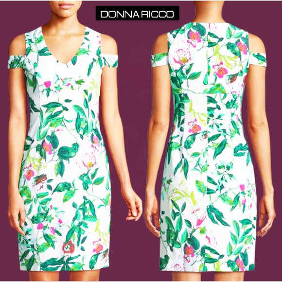 DONNA RICCO NEW Romantic Floral Cold Shoulder V-Neck Sheath Dress 10 - Picture 3 of 12
